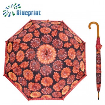 Custom design full printing 23 inch wooden straight umbrella 