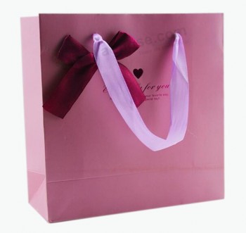 리본 활을 가진 고품질 핑크 컬러 종이 봉투에 대 한 도매 사용자 정의 로고 (와이와이-비0131)