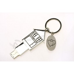 House Shape USB Pen Drive, Metal USB Stick with Keychain