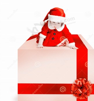 クリスマスのギフトボックス赤ちゃんのサンタの帽子白い背景