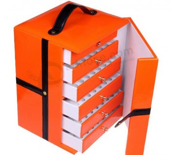 Boîte de tiroir Cosmétique MultiCouche en cuir orange personnalisé de haute qualité (Pb-086)