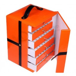 Custom high quality Orange Leather Multilayer Cosmetic Drawer Box with your logo