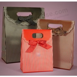 Wholesale custom high-end Pinstripe Printed Gift Bags with Bowknots Elosures
