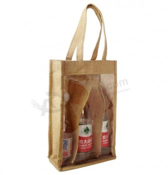 Wholesale custom high quality Natural Jute Wine Carrying Bag with Clear PVC Window