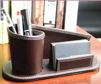 批发定制高品质棕色皮革办公桌笔筒带卡座