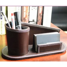 Wholesale custom high quality Brown Leather Desk Pen Holder with Card Base