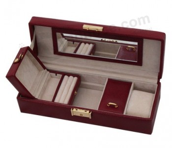 中红色皮革旅行珠宝盒，可根据您的标志定制