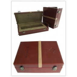 Custom high-end Classic Brown Genuine Leather Wine Box with Hander
