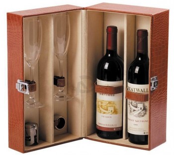 定制高-结束棕色皮革礼品盒葡萄酒和眼镜套装