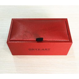Custom high-end Brown Red Leather Cufflink Box with Black Logo