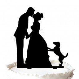 Wholesale custom high-end Bride and Groom Kiss with Dog Silhouette Weddingcake Topper