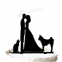 批发定制高-结束婚礼蛋糕轻便短大衣与新娘，新郎，猫，狗