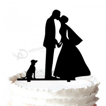 批发定制高-结束新娘和新郎亲吻与宠物狗剪影婚礼蛋糕轻便短大衣