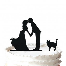 Wholesale custom high-end Bride and Groom Kissing Couple with Pet Cat Silhouette Wedding Cake Topper