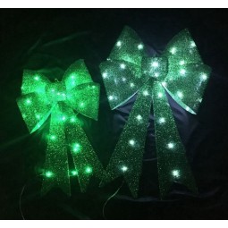 Wholesale custom high quality Green Big Glitter Christmas Decoration Bow with LED Lamp