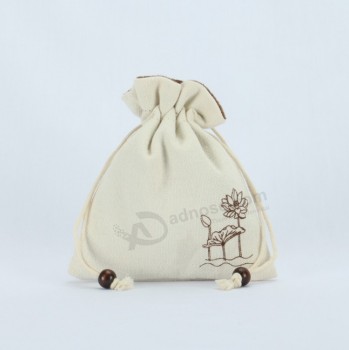 Wholesale custom high -end Organic Cotton Pouch with Wooden Beads