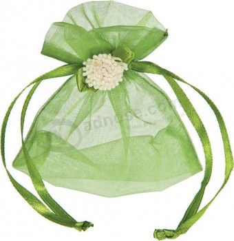 Custom high quality Green Organza Pouch with Flower Decoration