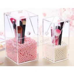 Acrylic Brush Holder Makeup Organizer Box with Pearl Beads