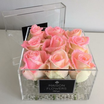 Boîte de fLeurs rose acryLique fait main de Luxe pour 9 roses