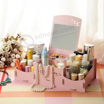 Caja de almacenamiento de escritorio sonriente de madera diy creativa de la cara, caja de almacenamiento cosmética con el espejo