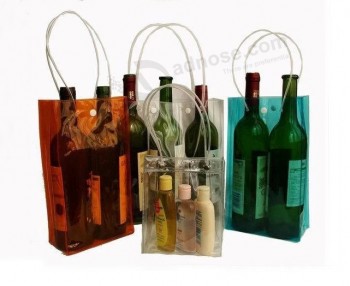 Customized high quality Transparent Wine Double Bottle Gift Bag PVC Leather Hand Bag