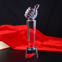 Wholesale customized high-end Thumb Shape Engraving Glass Award Custom Logo Crystal Trophy