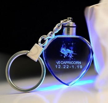 Wholesale customized high-end Promation Laser Engraved Heart Shaped Crystal LED Keychain Glass Gifts with cheap price