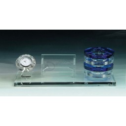 Cartão de nome de vidro de cristal e suporte de caneta com relógio barato por atacado