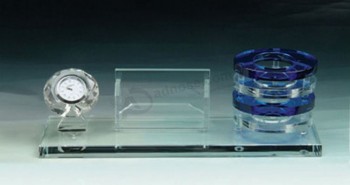 Crystal Glass Name card and Pen Holder with Clock Cheap Wholesale