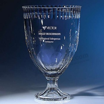 Grande cristal de vidro gravado troféu para copo ofício barato por atacado