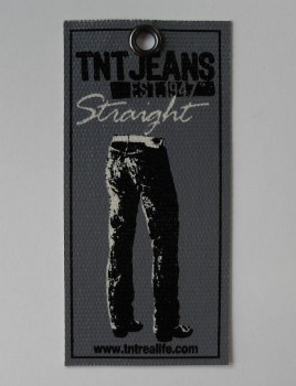 Großhandels kundengeBundenes hochwertiges dunkelgraues Segeltuch druckte Jeans hangEtikett