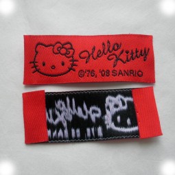 Wholesale customized high-end Taffeta Quality Red Base Black Text Endfolded Clothing Woven Label