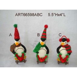 Wholesale 5.5"Hx4"Lchristmas Decoration Penguin with Metal Sled, 3 Asst-