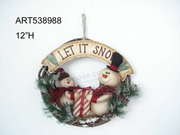 Grinalda do boneco de neve da decoração do Natal por atacado com sinal & presente de madeira