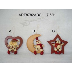 Wholesale Santa Snowman on Wooden Heart, Moon and Star-Christmas Figures, 3asst