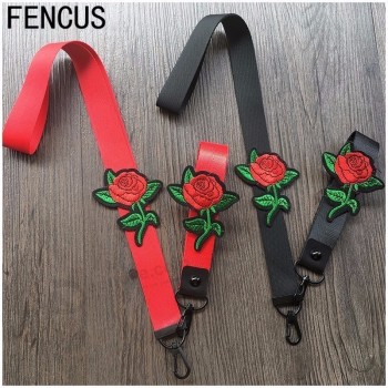 FENCUS Luxury Fashion 3D Embroidery Rose Flower Phone Straps Lanyard For Mobile Phone Hand Rope For Keychain Neck Rope Straps