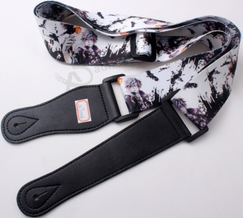 Custom printed polyester belt for guitar with leather ends