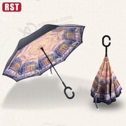 Promotions reverse uv umbrella windproof c-handle double layer umbrella inverted with your logo