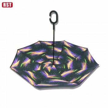 New invention manual open c handle upside-down umbrella printing with whirling meteor 2019 trending products from China