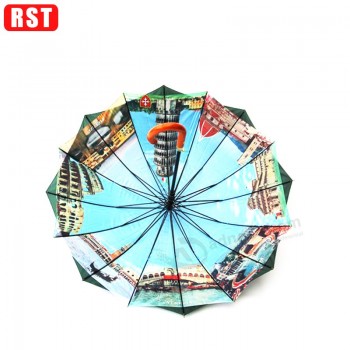 16K double layer heat transfer print wood handle umbrella with your logo