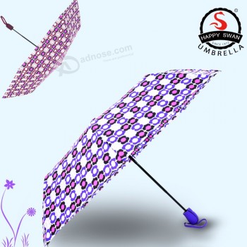 HAPPY SWAN fashion Style 3 foldi travel umbrella floral print rubber coated handle car umbrella sunshade with your logo