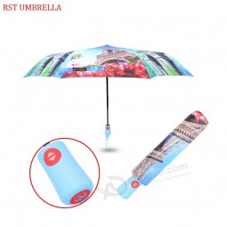 HAPPY SWAN 2019 new style promotional auto open close one hand operation waterproof 3 fold umbrella with the Eiffel Tower desig