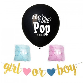 Gender reveal party supplies he or she pop to be balloon and banner with blue and pink paper scrap