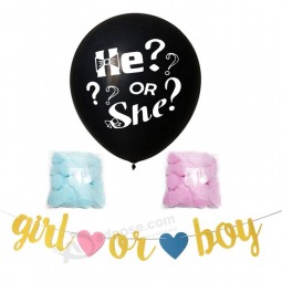 Gender reveal party supplies girl or boy balloon and banner with blue and pink paper scrap