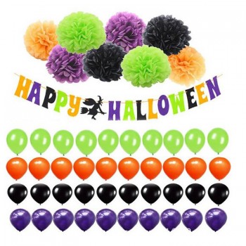 Kit de banner feliz dia das bruxas com balões de látex pérola conjunto com papel pompom flor para decoração de festa de halloween