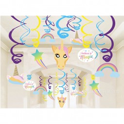 Unicorn Theme Happy Birthday Spiral Tags foil Swirls , Unicorn garland