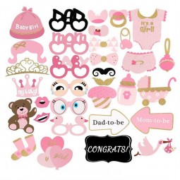 婴儿淋浴装饰33pcs粉红色和金色婴儿淋浴照片展位道具为女孩派对恩惠装饰