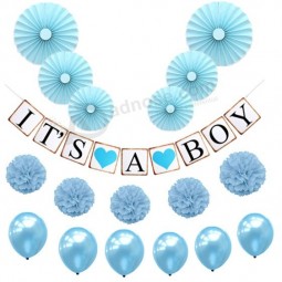 Gender reveal It's a boy banner pom pom paper fan balloonkit Baby shower party decoration