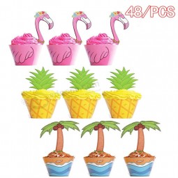 フラミンゴ/パイナップル/パームカップケーキトッパーラッパー-ルアウトロピカルハワイアンプールパーティーは、ケーキ装飾品48個を供給しています