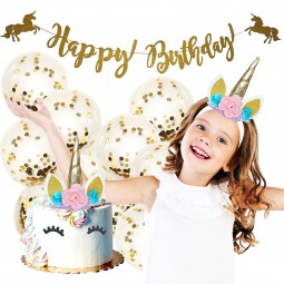 Unicorn Party Supplies - Unicorn Headband, Unicorn Cake Topper with Eyelashes, Birthday Banner & 10 Gold Balloons Birthday Party